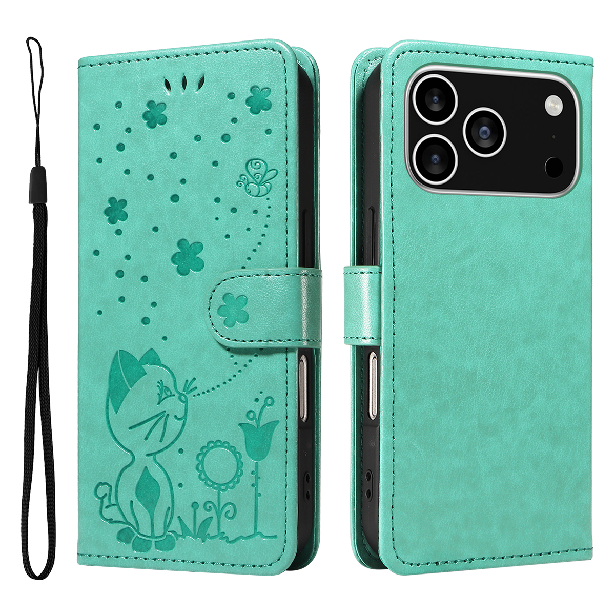For iPhone 17 Pro Leather Wallet Case Cat Bee Pattern Phone Cover Stand - Green