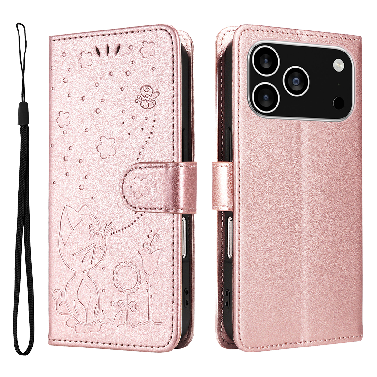 For iPhone 17 Pro Leather Wallet Case Cat Bee Pattern Phone Cover Stand - Rose Gold