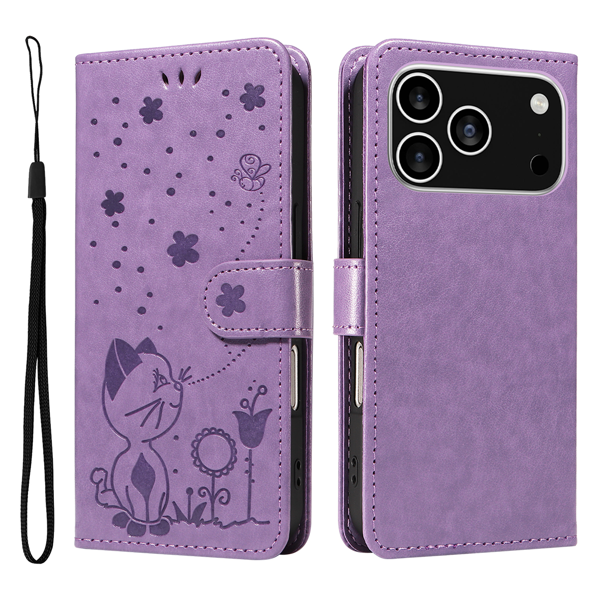 For iPhone 17 Pro Leather Wallet Case Cat Bee Pattern Phone Cover Stand - Purple