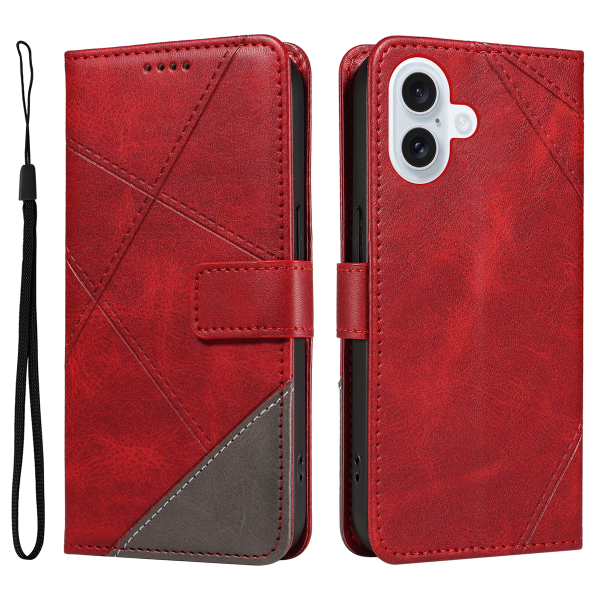 For iPhone 17 Leather Case Geometric Line Design Wallet Phone Cover with Wrist Strap - Red