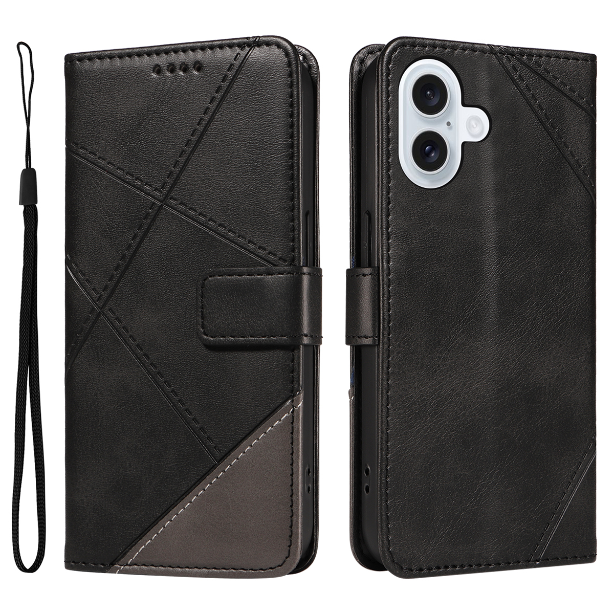For iPhone 17 Leather Case Geometric Line Design Wallet Phone Cover with Wrist Strap - Black