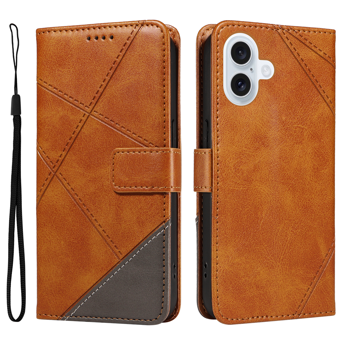 For iPhone 17 Leather Case Geometric Line Design Wallet Phone Cover with Wrist Strap - Brown