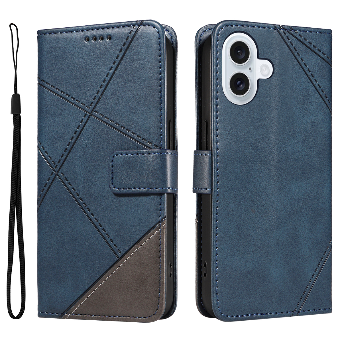 For iPhone 17 Leather Case Geometric Line Design Wallet Phone Cover with Wrist Strap - Blue