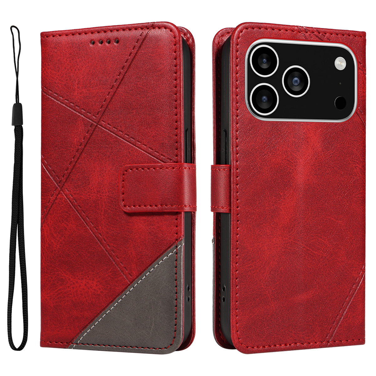 For iPhone 17 Pro Leather Case Geometric Line Design Wallet Phone Cover with Wrist Strap - Red