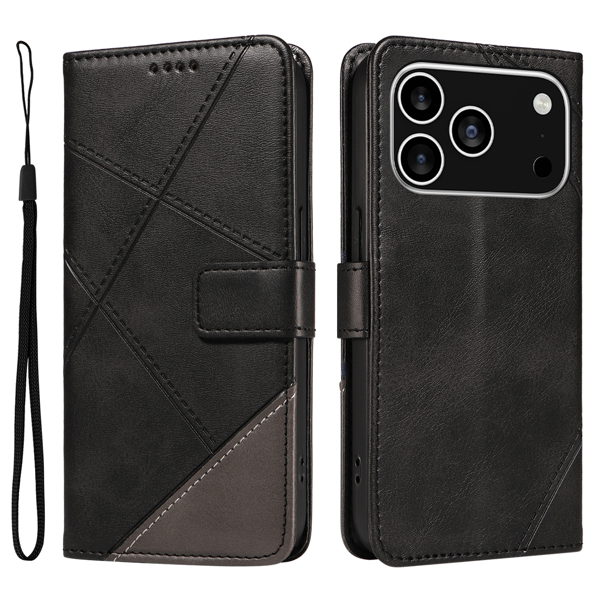 For iPhone 17 Pro Leather Case Geometric Line Design Wallet Phone Cover with Wrist Strap - Black