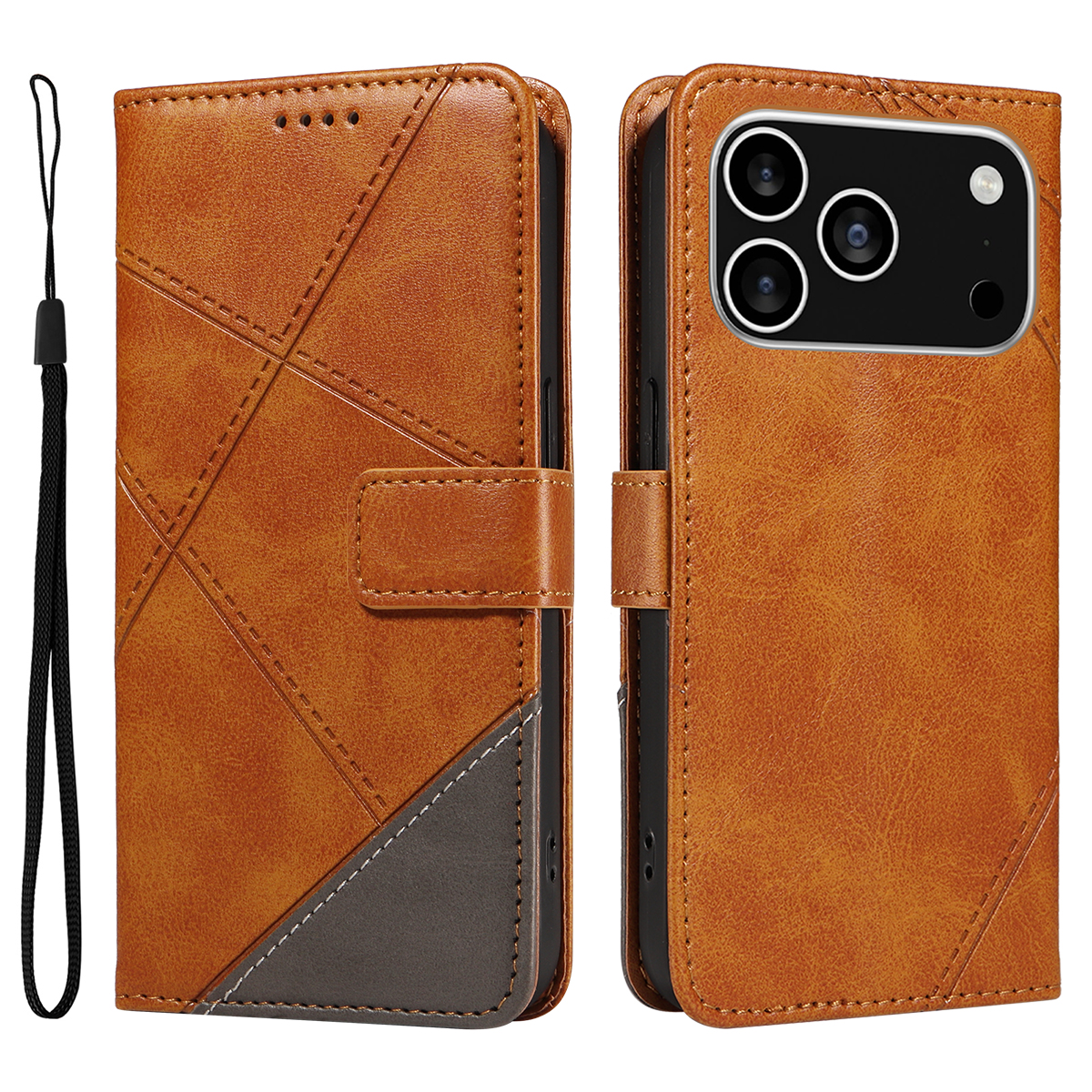 For iPhone 17 Pro Leather Case Geometric Line Design Wallet Phone Cover with Wrist Strap - Brown