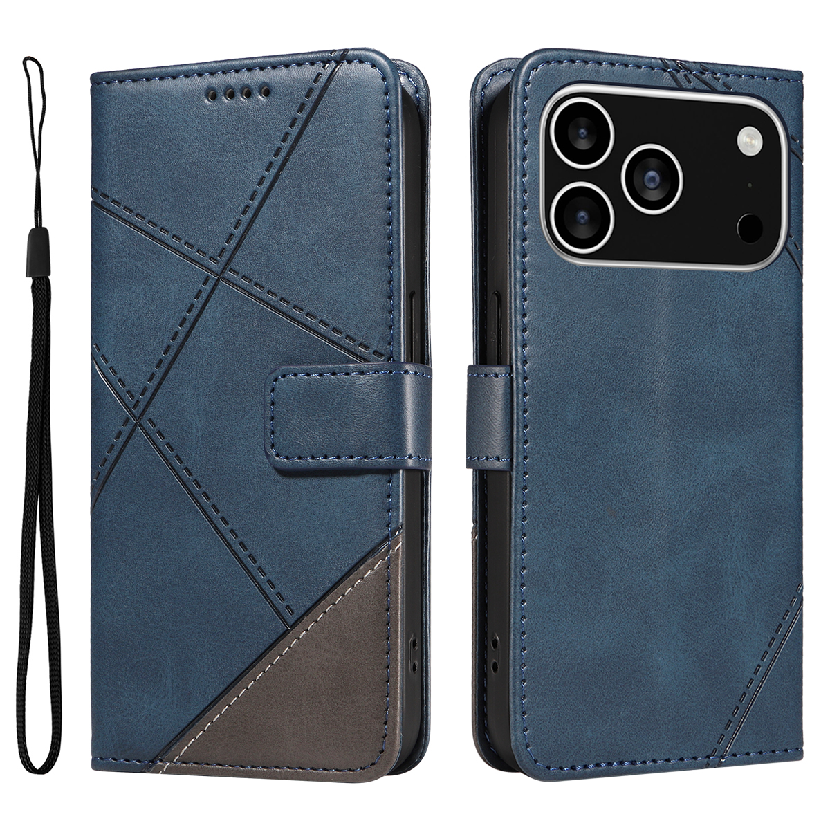 For iPhone 17 Pro Leather Case Geometric Line Design Wallet Phone Cover with Wrist Strap - Blue