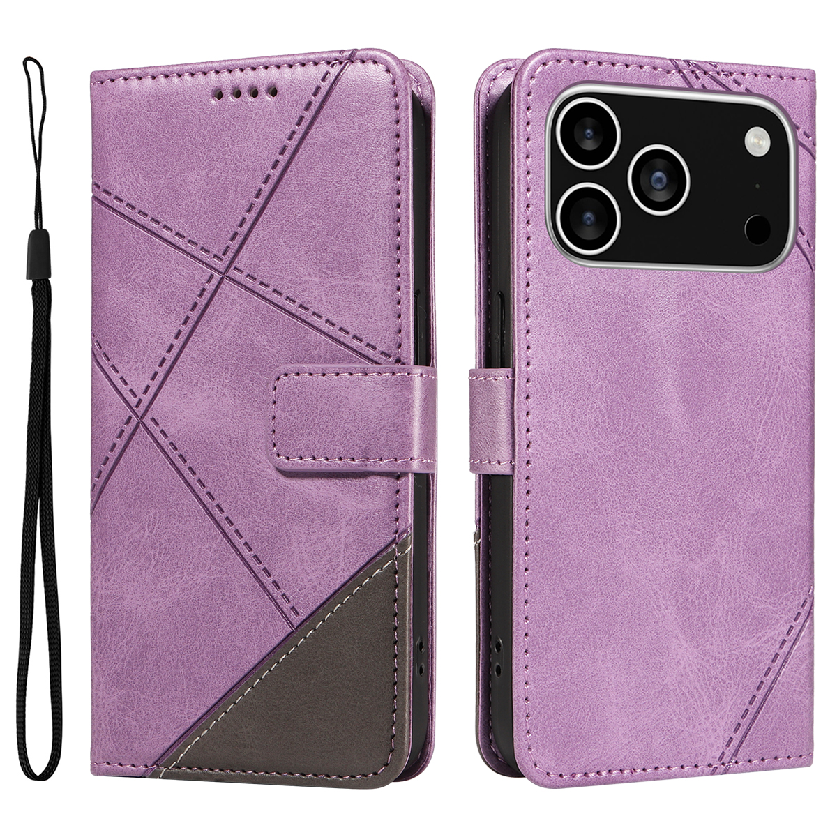 For iPhone 17 Pro Leather Case Geometric Line Design Wallet Phone Cover with Wrist Strap - Purple