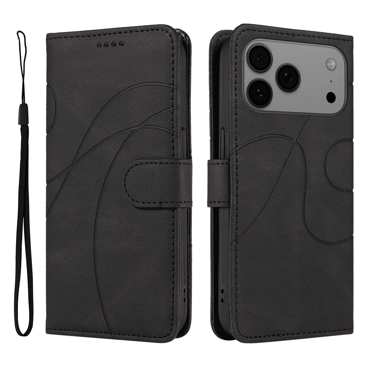 For iPhone 17 Pro Max Wallet Case Leather Phone Cover Stand with Curved Line Design -  Black