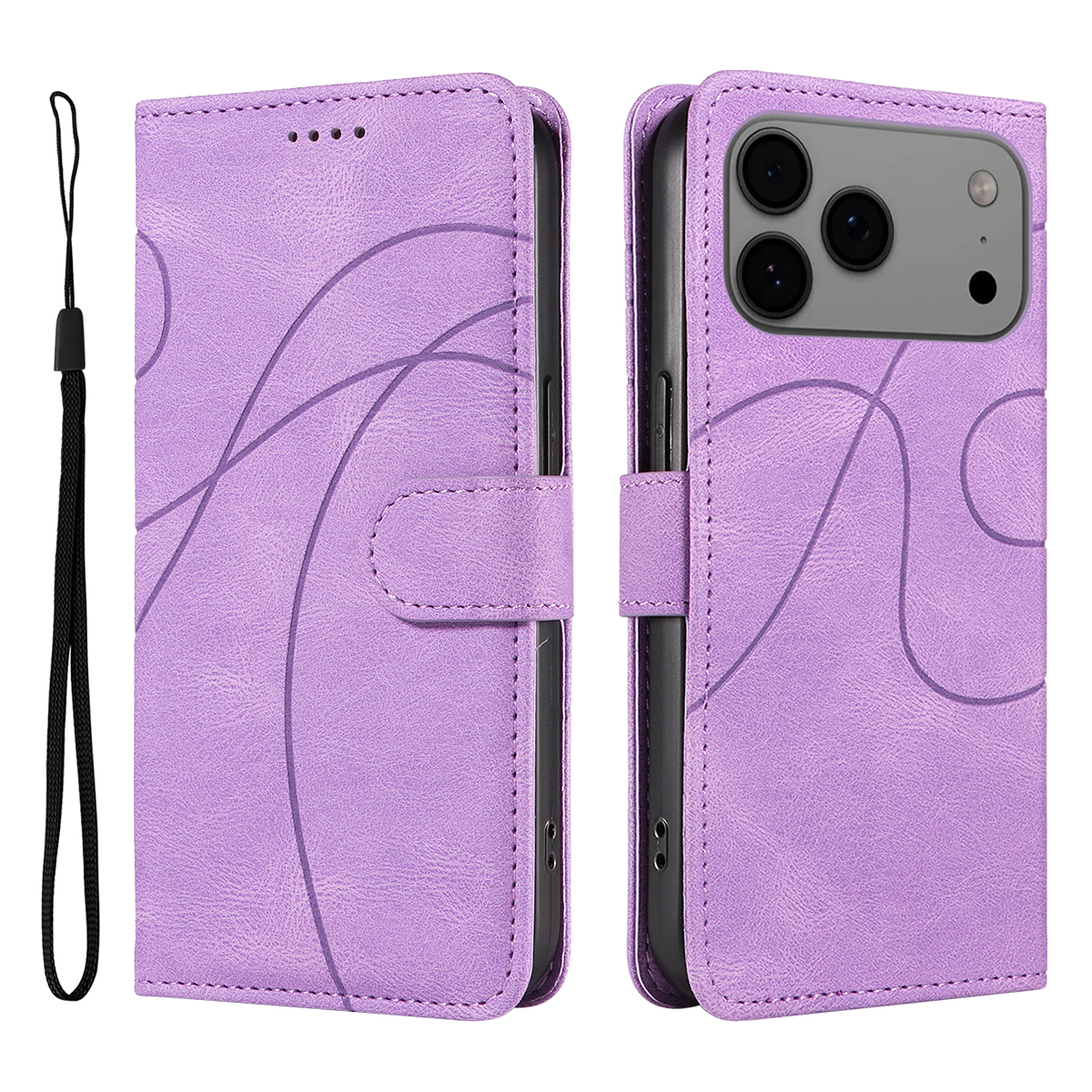 For iPhone 17 Pro Max Wallet Case Leather Phone Cover Stand with Curved Line Design -  Light Purple