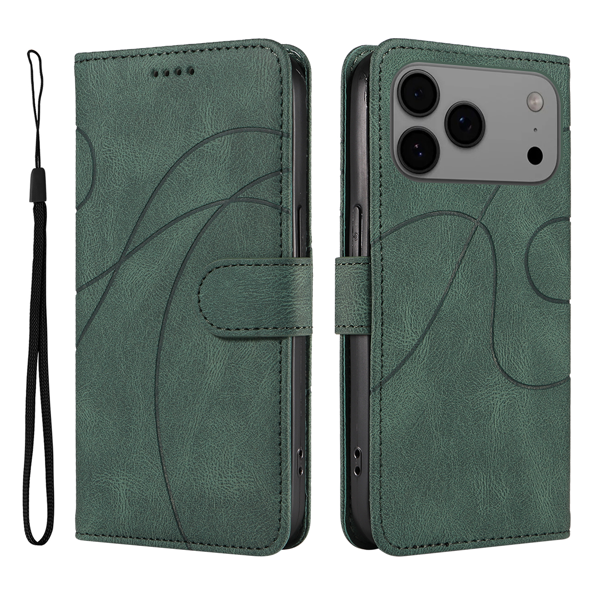 For iPhone 17 Pro Max Wallet Case Leather Phone Cover Stand with Curved Line Design - Green
