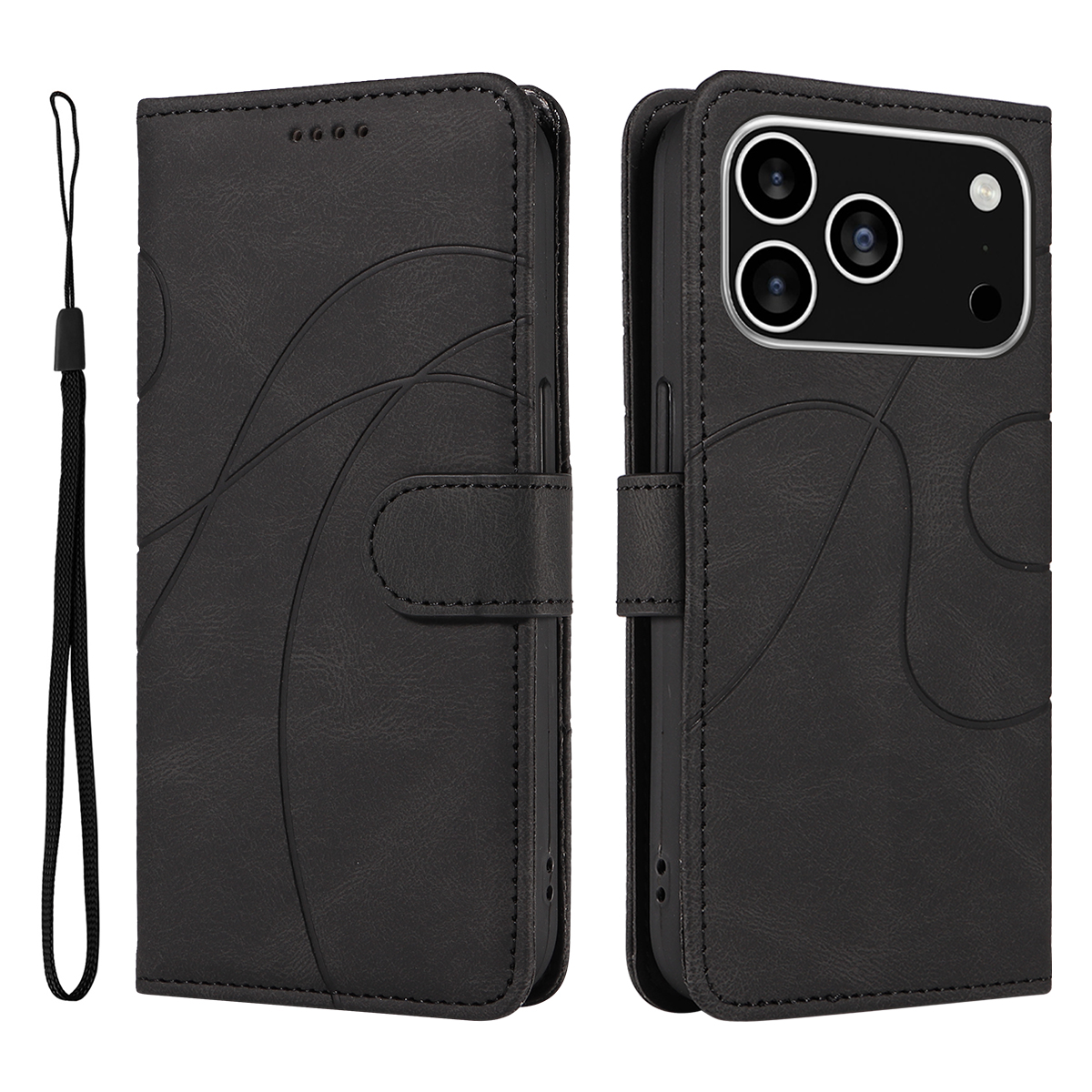For iPhone 17 Pro Wallet Case Leather Phone Cover Stand with Curved Line Design -  Black