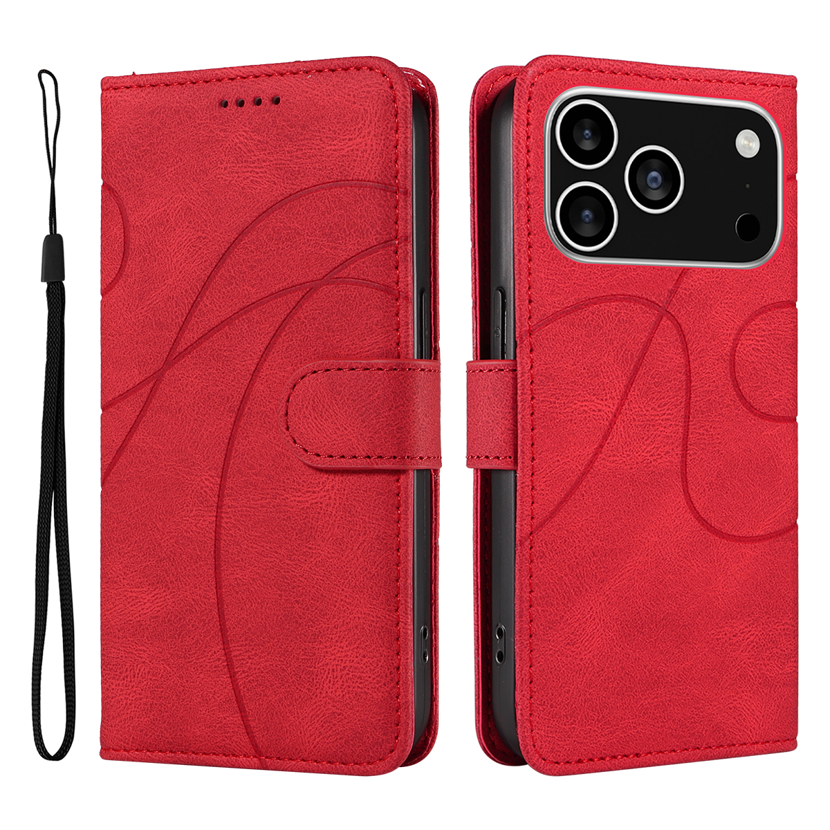 For iPhone 17 Pro Wallet Case Leather Phone Cover Stand with Curved Line Design - Red