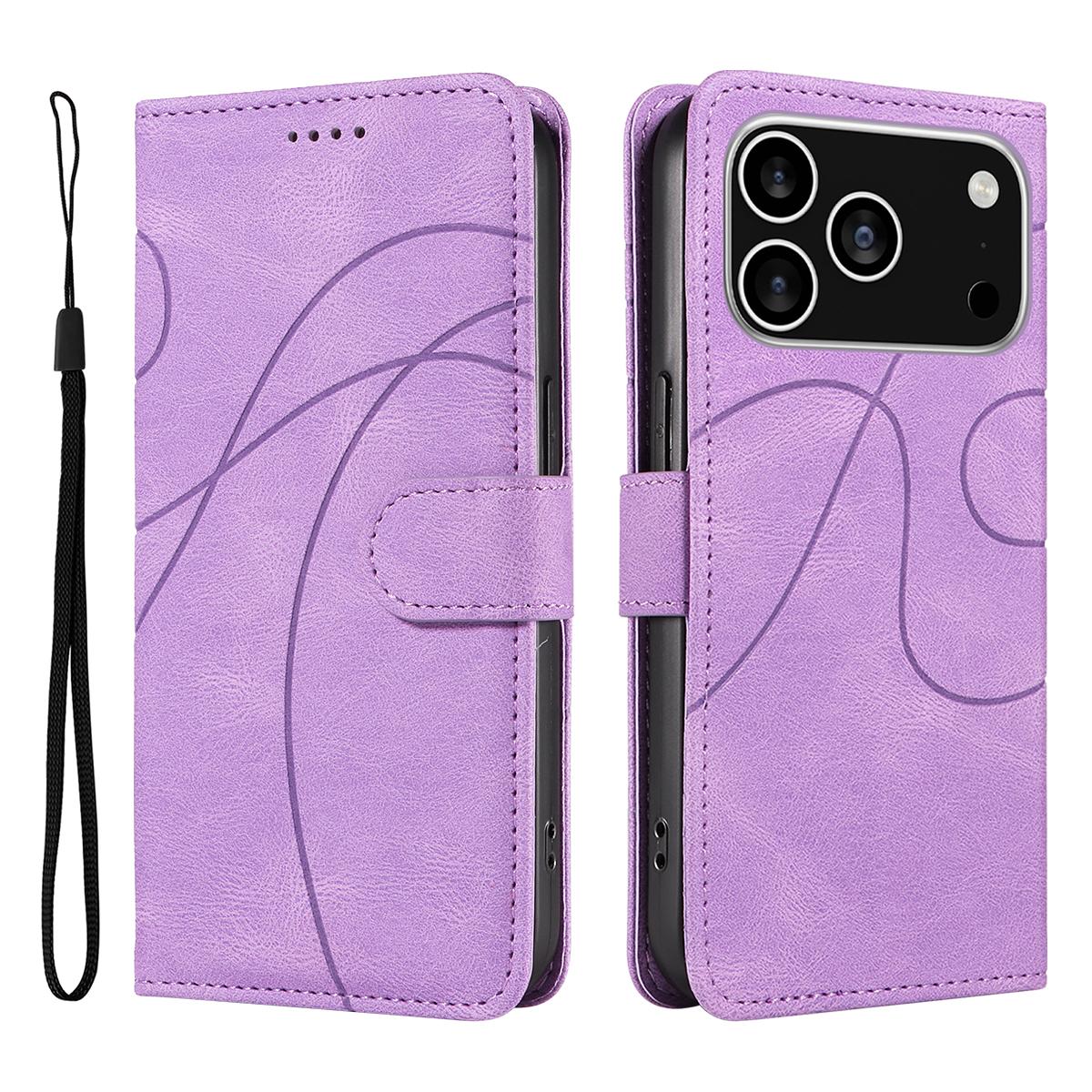 For iPhone 17 Pro Wallet Case Leather Phone Cover Stand with Curved Line Design -  Light Purple