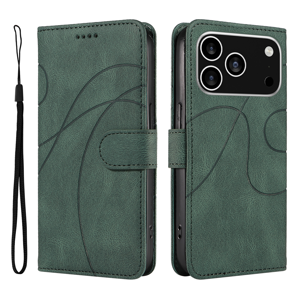 For iPhone 17 Pro Wallet Case Leather Phone Cover Stand with Curved Line Design - Green