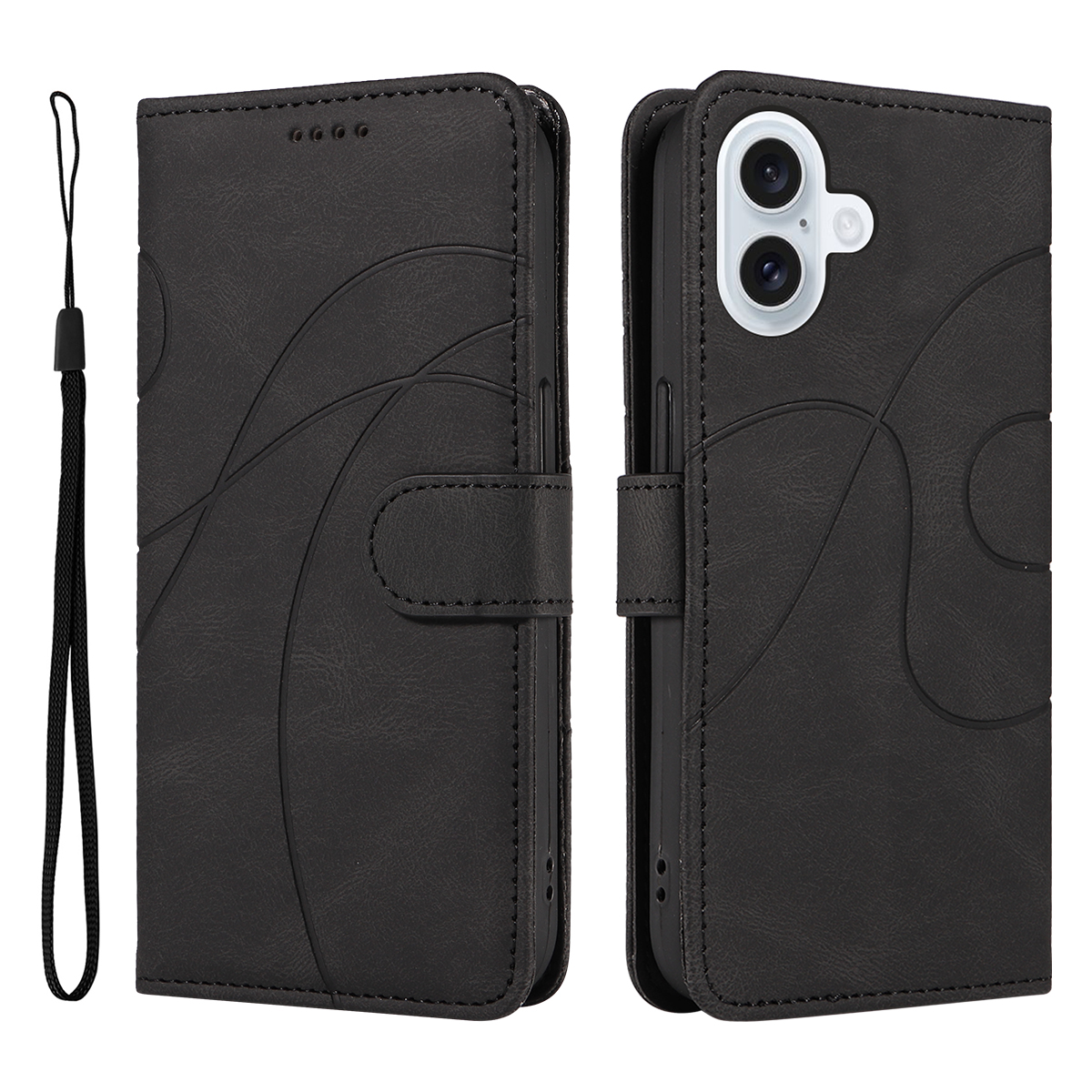 For iPhone 17 Wallet Case Leather Phone Cover Stand with Curved Line Design -  Black