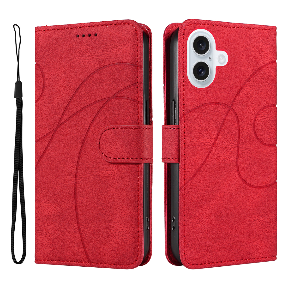 For iPhone 17 Wallet Case Leather Phone Cover Stand with Curved Line Design - Red