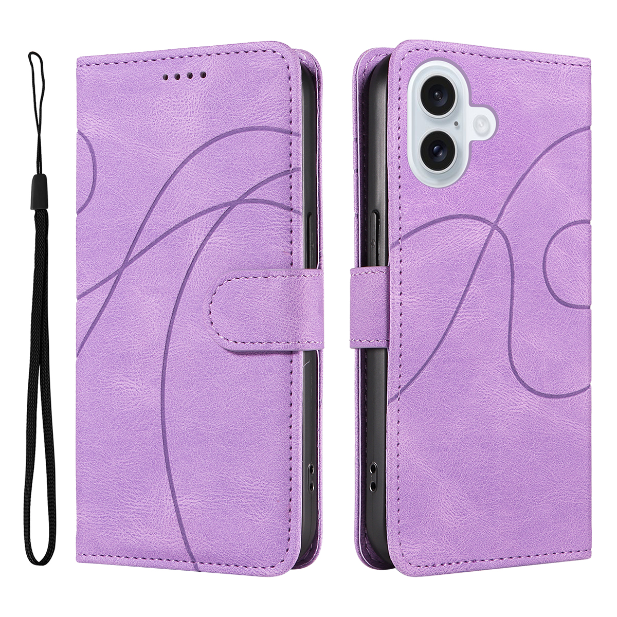 For iPhone 17 Wallet Case Leather Phone Cover Stand with Curved Line Design -  Light Purple