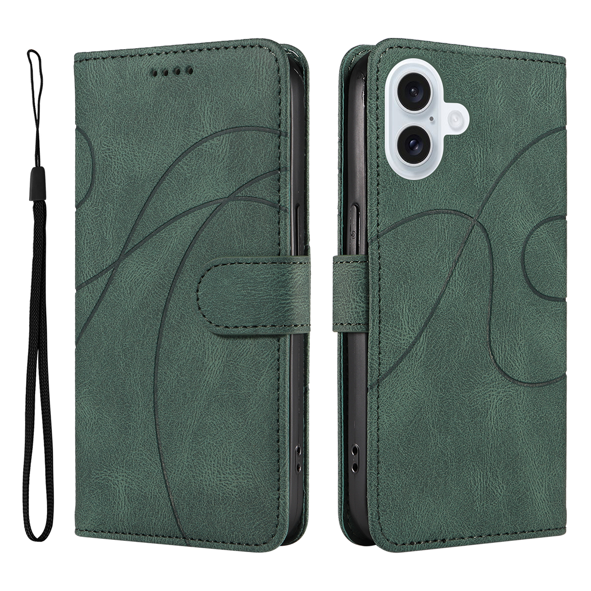 For iPhone 17 Wallet Case Leather Phone Cover Stand with Curved Line Design - Green