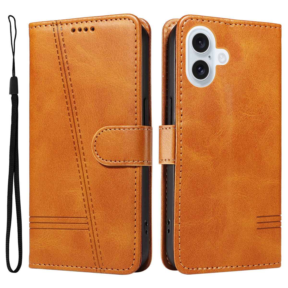 For iPhone 17 Wallet Case T-Shape Lines Leather Phone Cover Stand - Brown