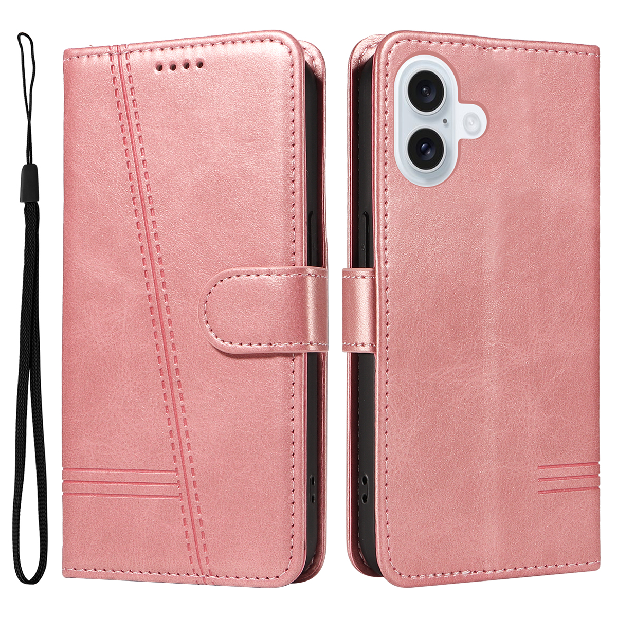 For iPhone 17 Wallet Case T-Shape Lines Leather Phone Cover Stand - Rose Gold
