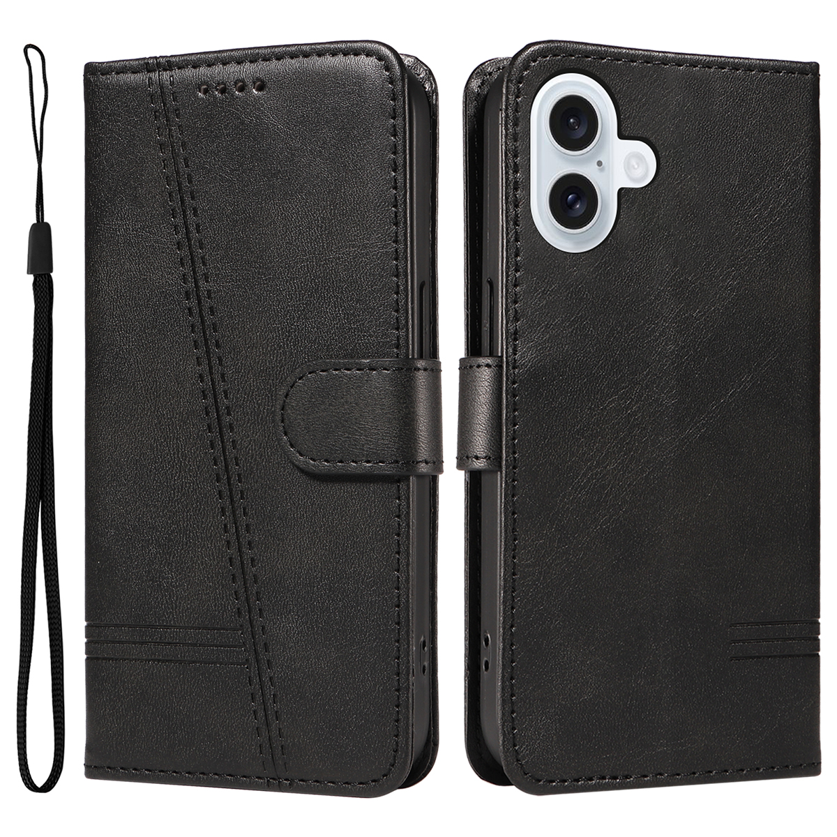 For iPhone 17 Wallet Case T-Shape Lines Leather Phone Cover Stand -  Black