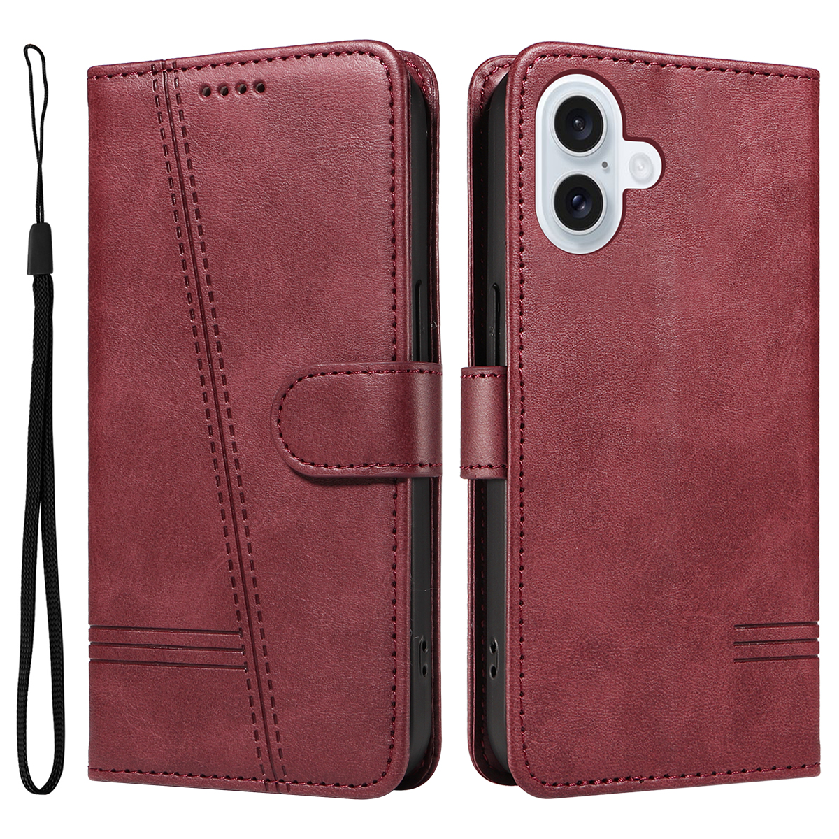 For iPhone 17 Wallet Case T-Shape Lines Leather Phone Cover Stand - Wine Red