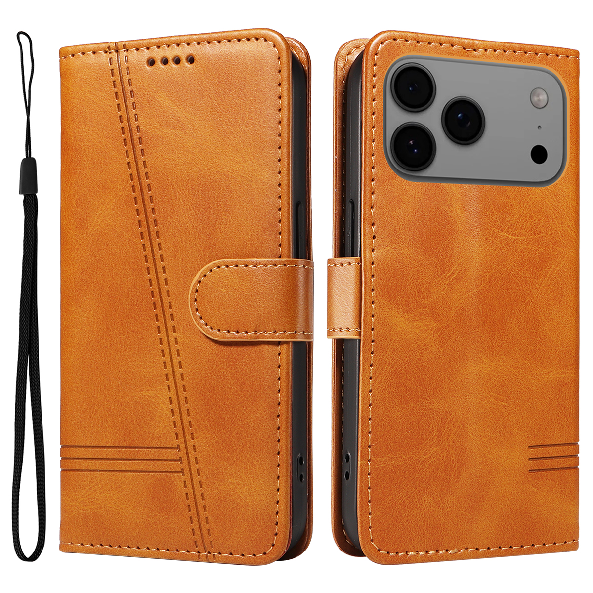For iPhone 17 Pro Max Wallet Case T-Shape Lines Leather Phone Cover Stand - Brown