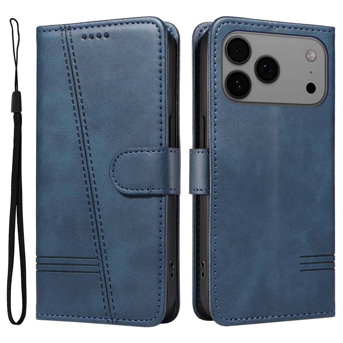 For iPhone 17 Pro Max Wallet Case T-Shape Lines Leather Phone Cover Stand - Blue