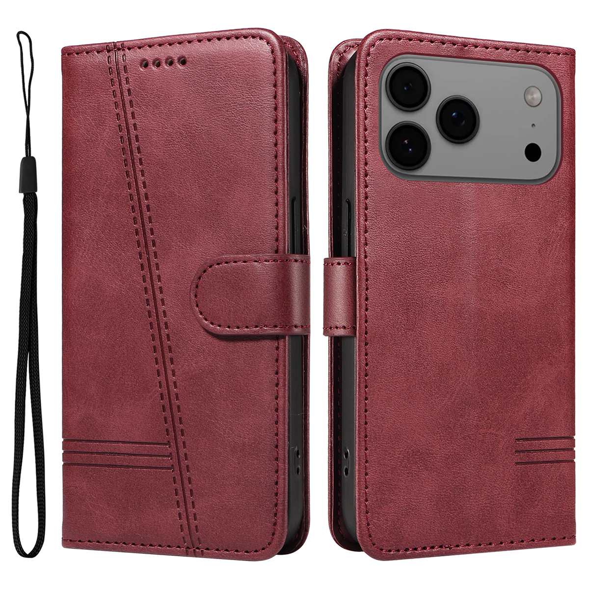 For iPhone 17 Pro Max Wallet Case T-Shape Lines Leather Phone Cover Stand - Wine Red