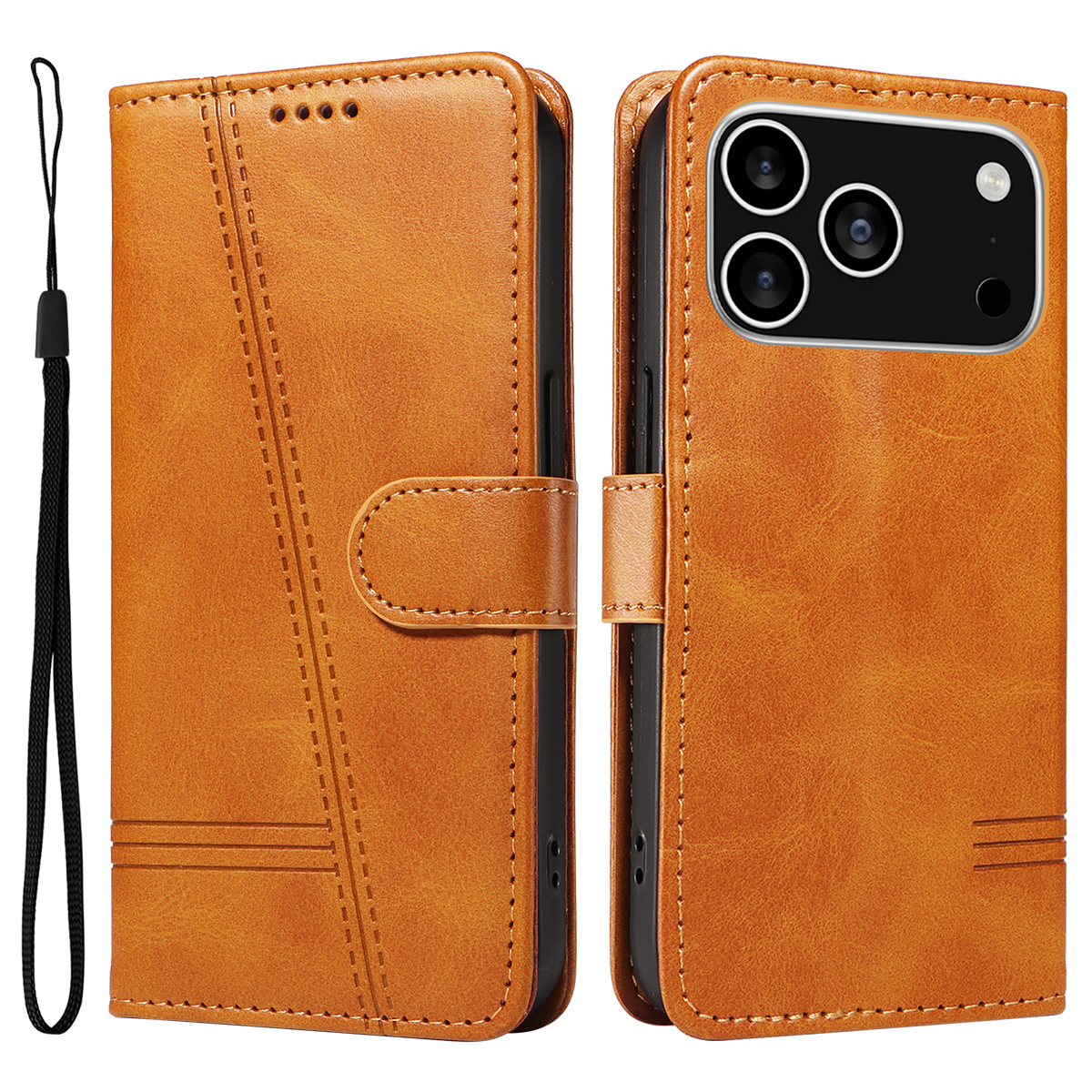 For iPhone 17 Pro Wallet Case T-Shape Lines Leather Phone Cover Stand - Brown