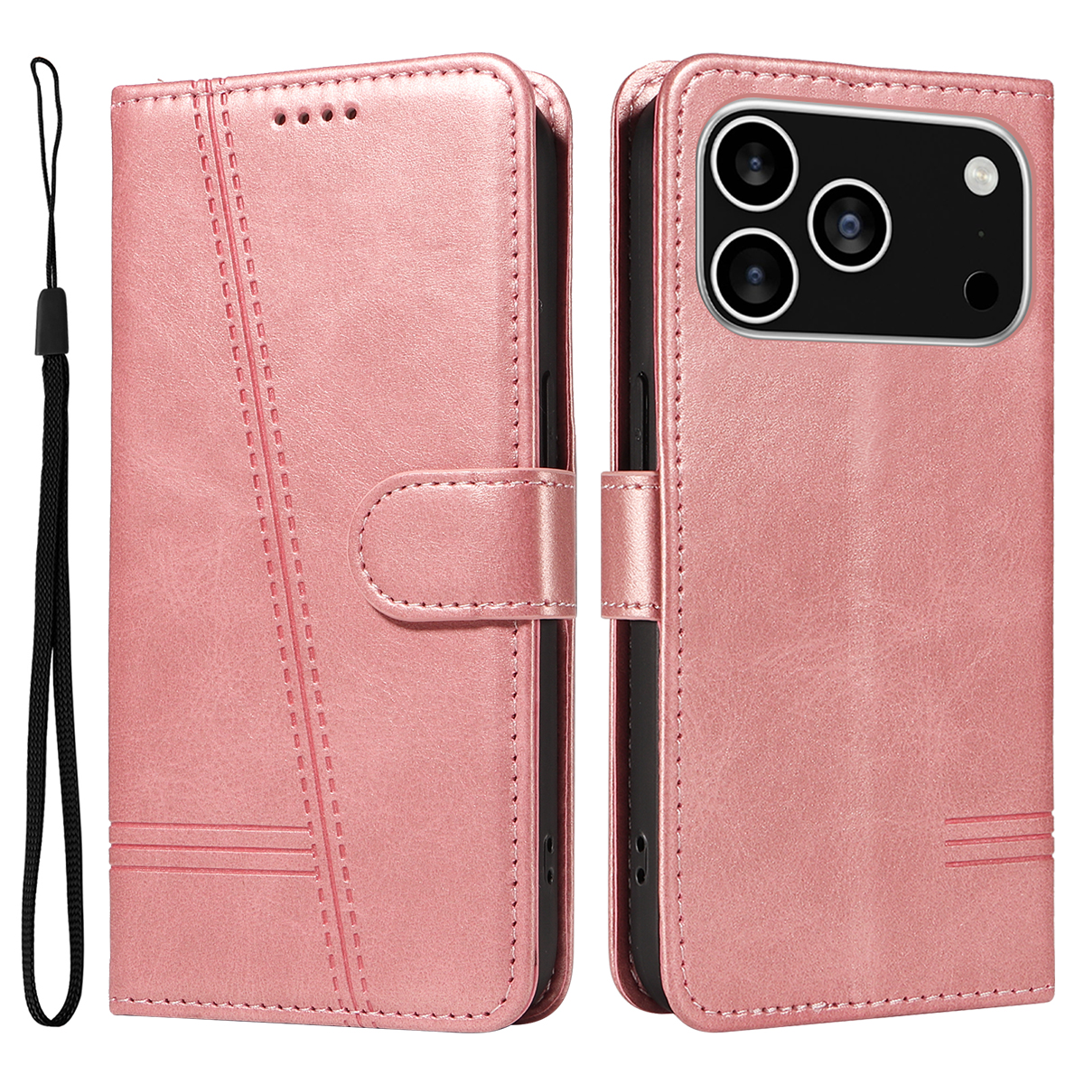For iPhone 17 Pro Wallet Case T-Shape Lines Leather Phone Cover Stand - Rose Gold