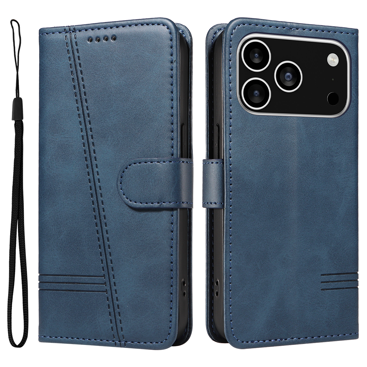 For iPhone 17 Pro Wallet Case T-Shape Lines Leather Phone Cover Stand - Blue