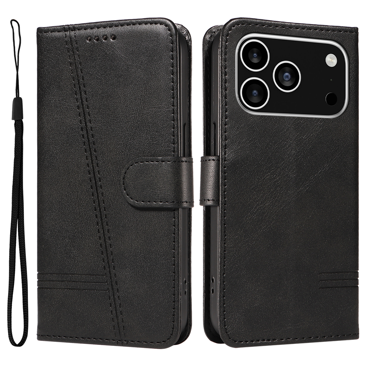 For iPhone 17 Pro Wallet Case T-Shape Lines Leather Phone Cover Stand -  Black