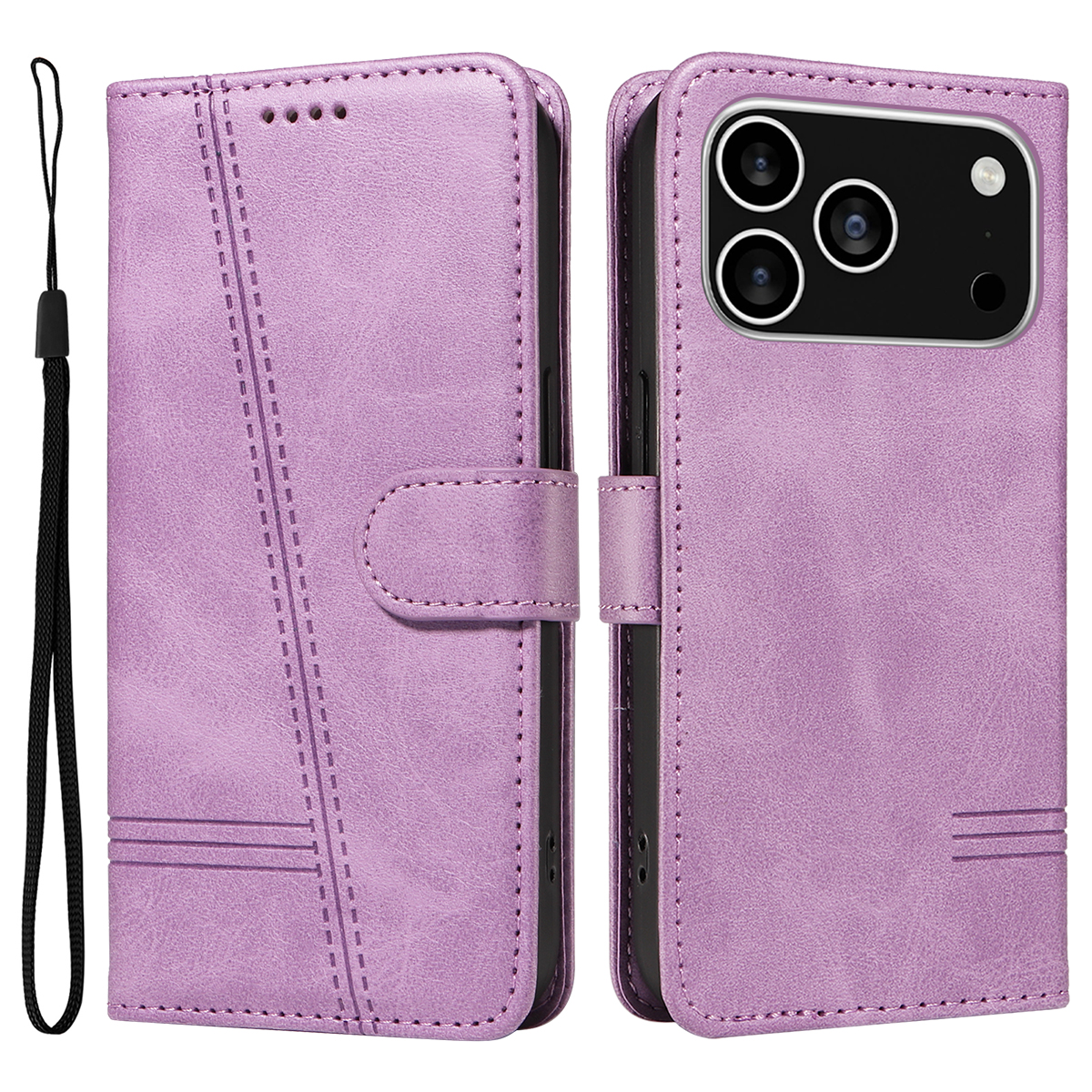 For iPhone 17 Pro Wallet Case T-Shape Lines Leather Phone Cover Stand -  Light Purple