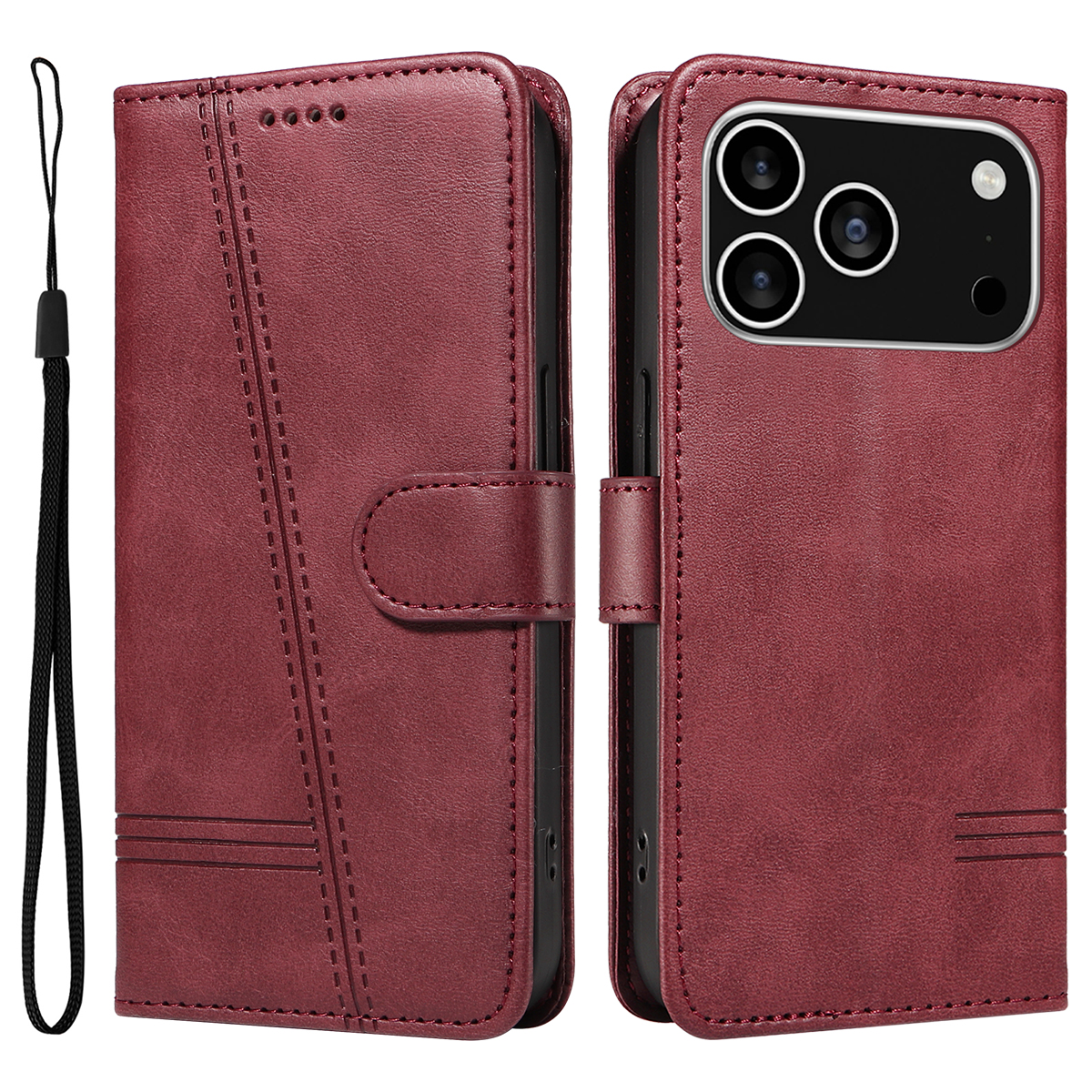 For iPhone 17 Pro Wallet Case T-Shape Lines Leather Phone Cover Stand - Wine Red