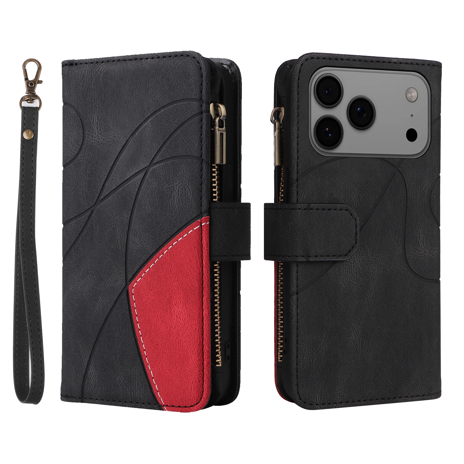 For iPhone 17 Pro Max Leather Case with Strap Zipper 9 Card Slot Phone Cover Stand - Black