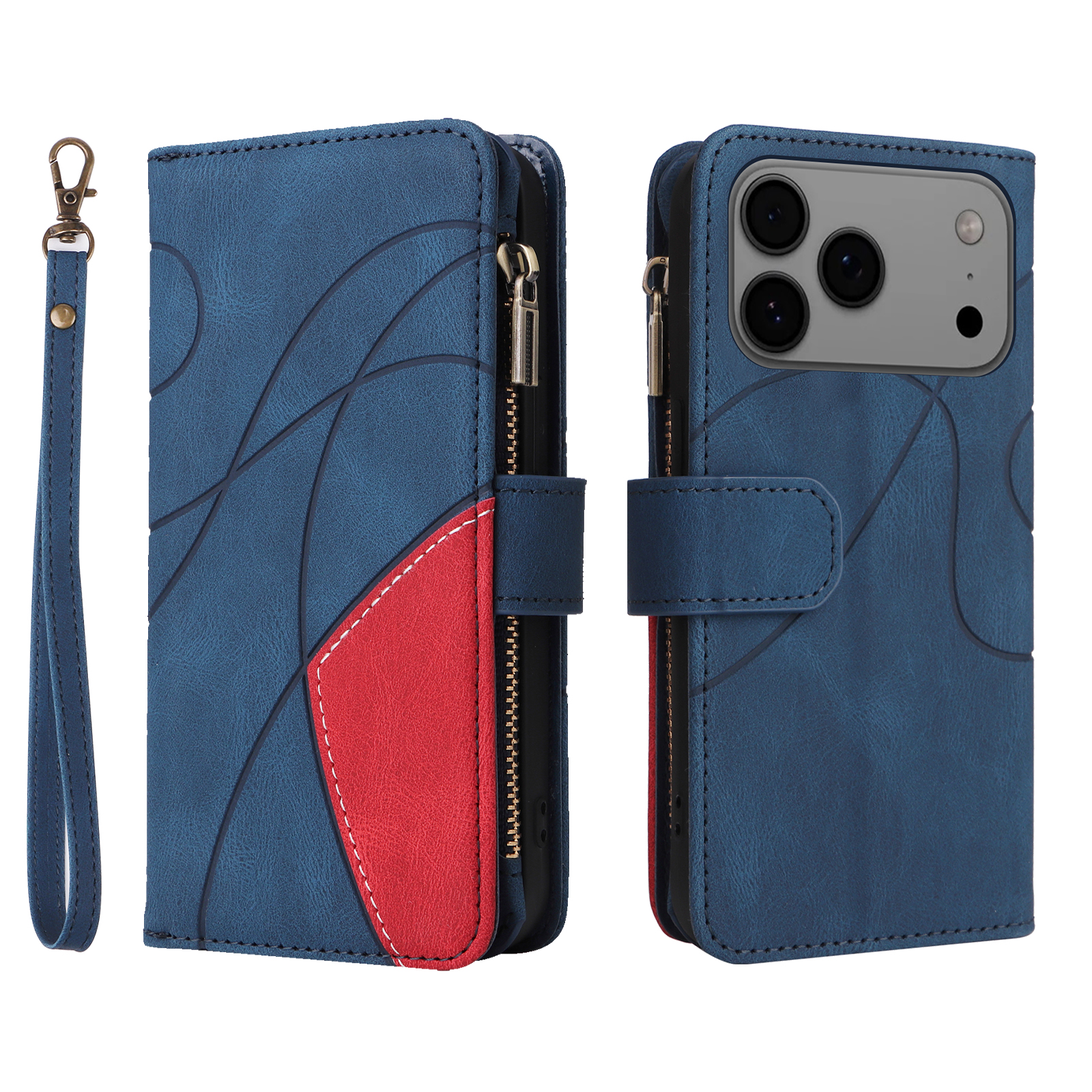 For iPhone 17 Pro Max Leather Case with Strap Zipper 9 Card Slot Phone Cover Stand - Blue