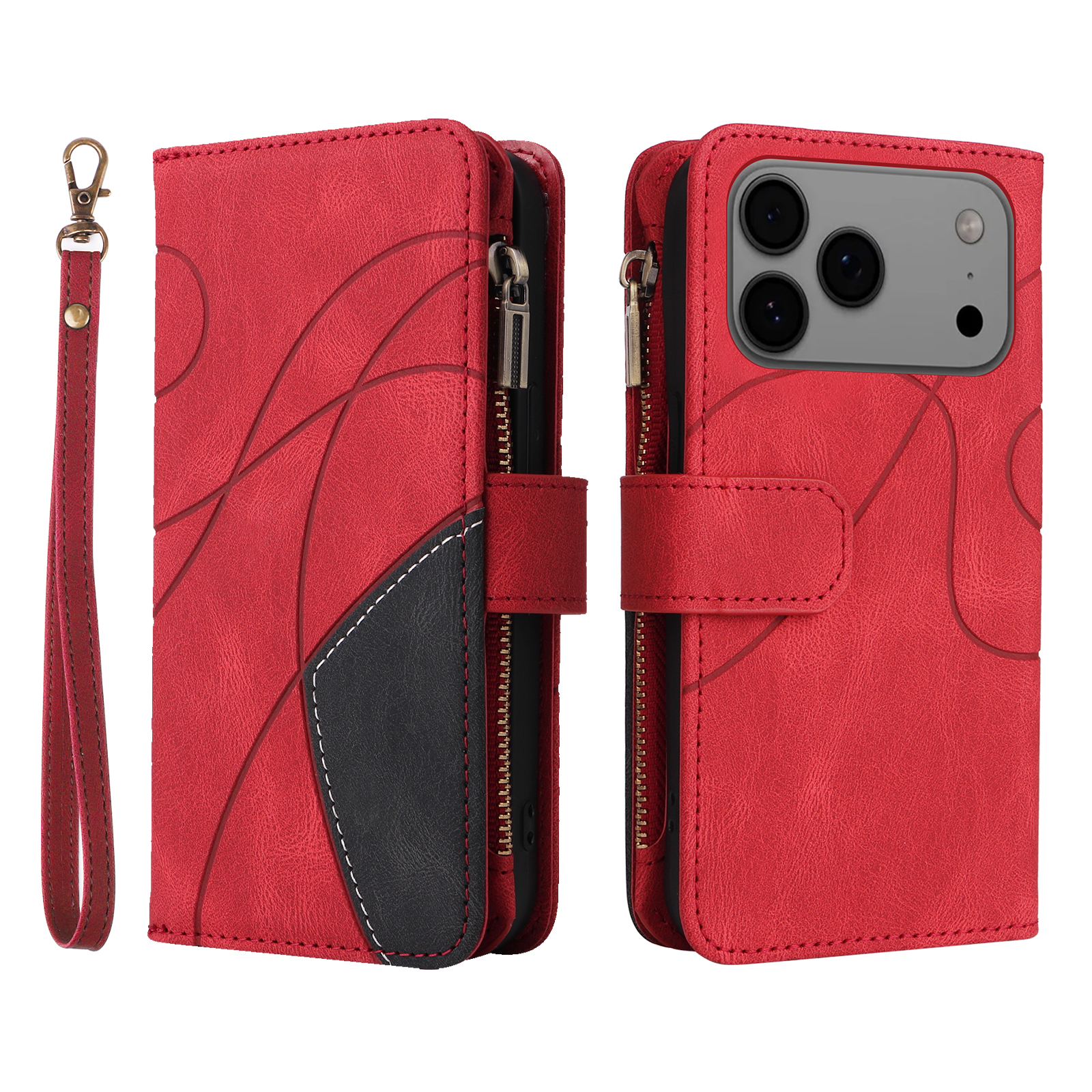 For iPhone 17 Pro Max Leather Case with Strap Zipper 9 Card Slot Phone Cover Stand - Red