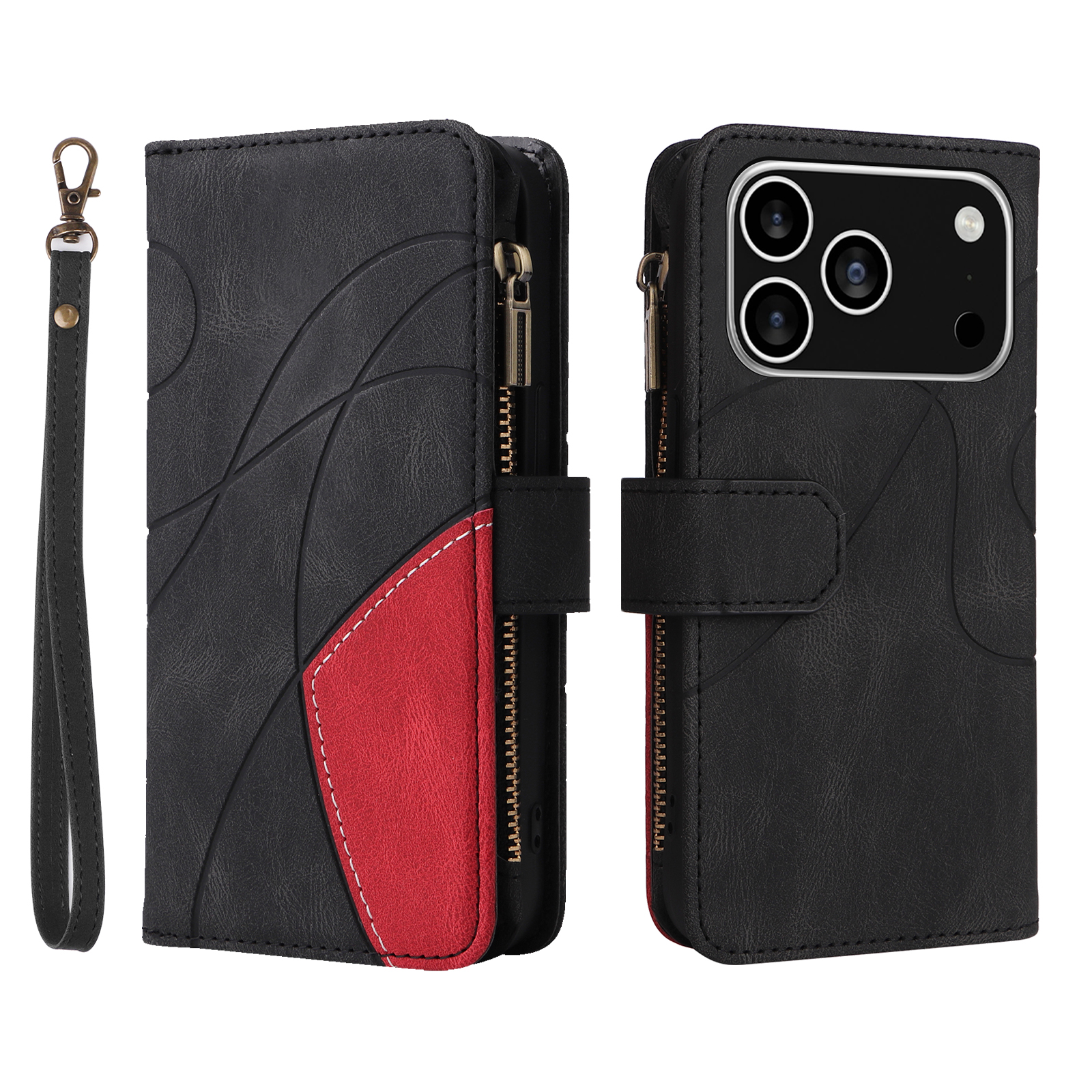 For iPhone 17 Pro Leather Case with Strap Zipper 9 Card Slot Phone Cover Stand - Black