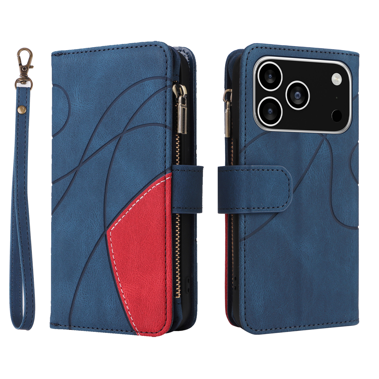 For iPhone 17 Pro Leather Case with Strap Zipper 9 Card Slot Phone Cover Stand - Blue