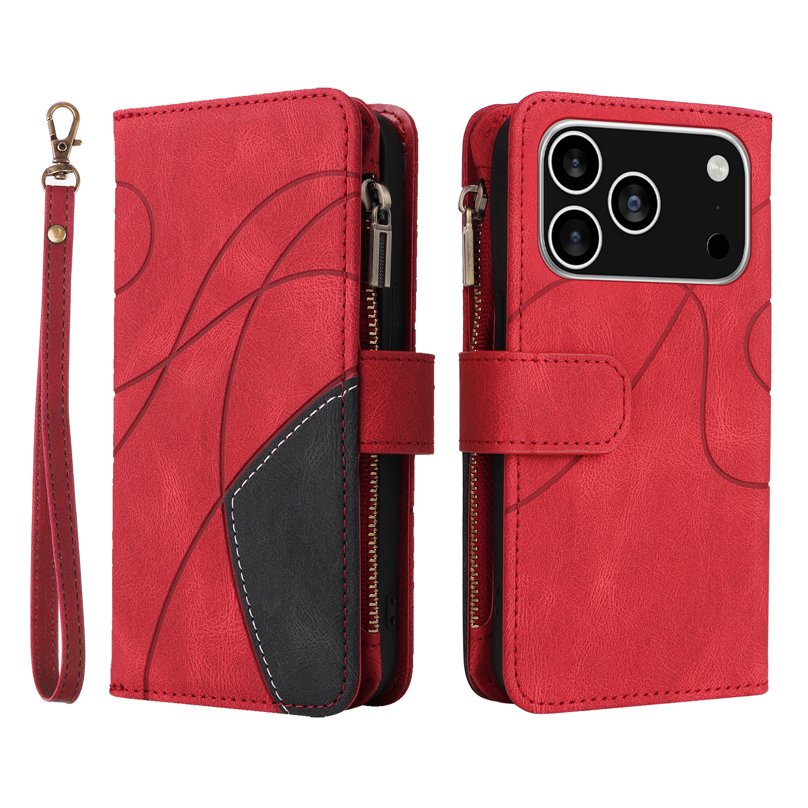 For iPhone 17 Pro Leather Case with Strap Zipper 9 Card Slot Phone Cover Stand - Red