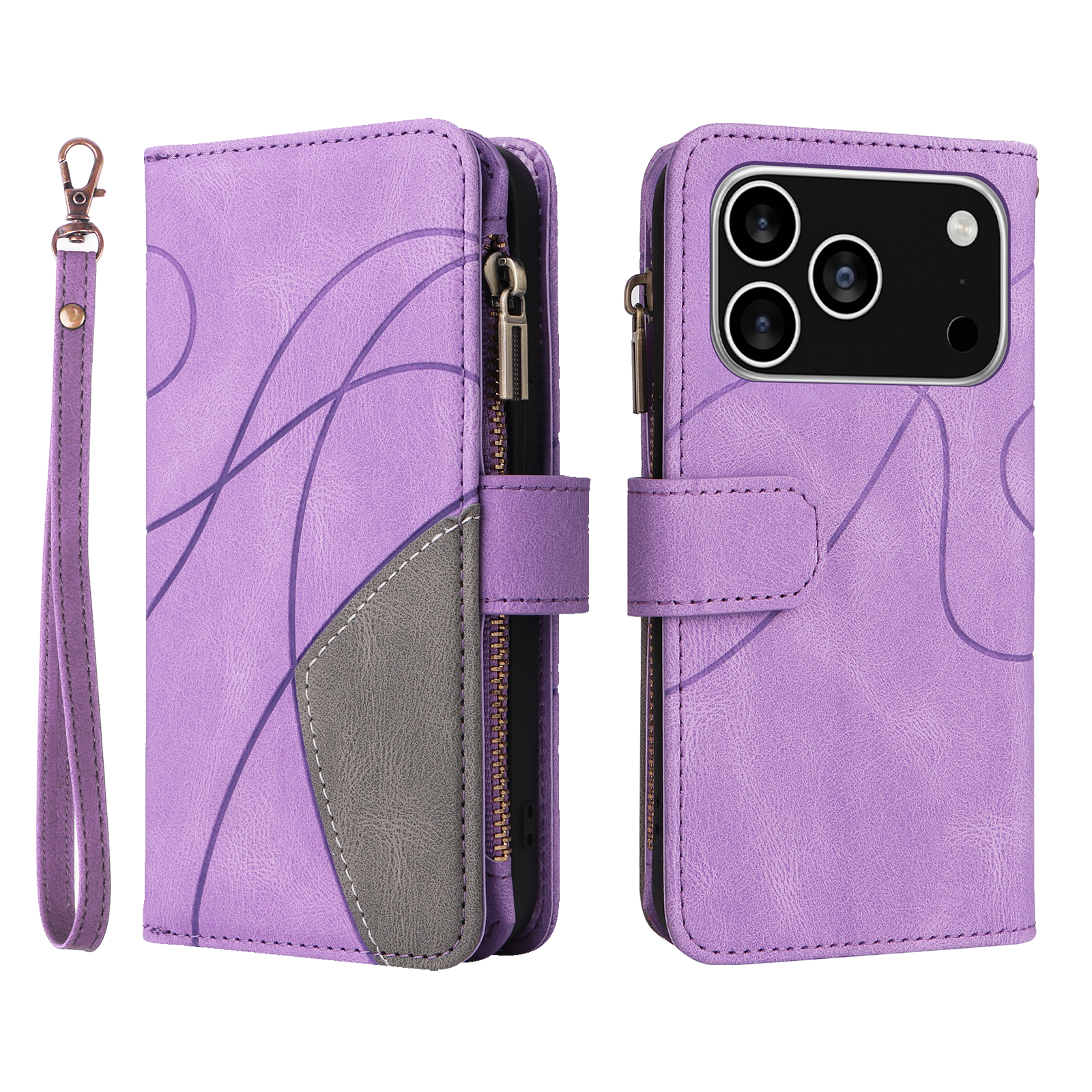 For iPhone 17 Pro Leather Case with Strap Zipper 9 Card Slot Phone Cover Stand - Purple