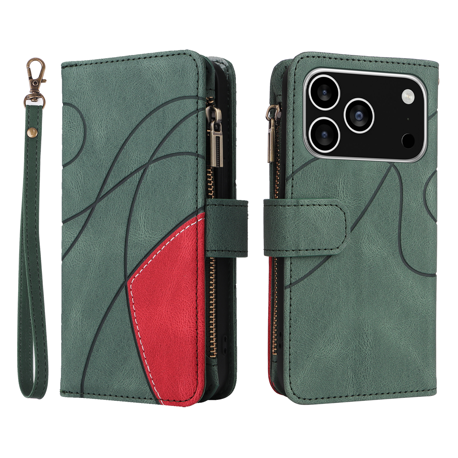 For iPhone 17 Pro Leather Case with Strap Zipper 9 Card Slot Phone Cover Stand - Green