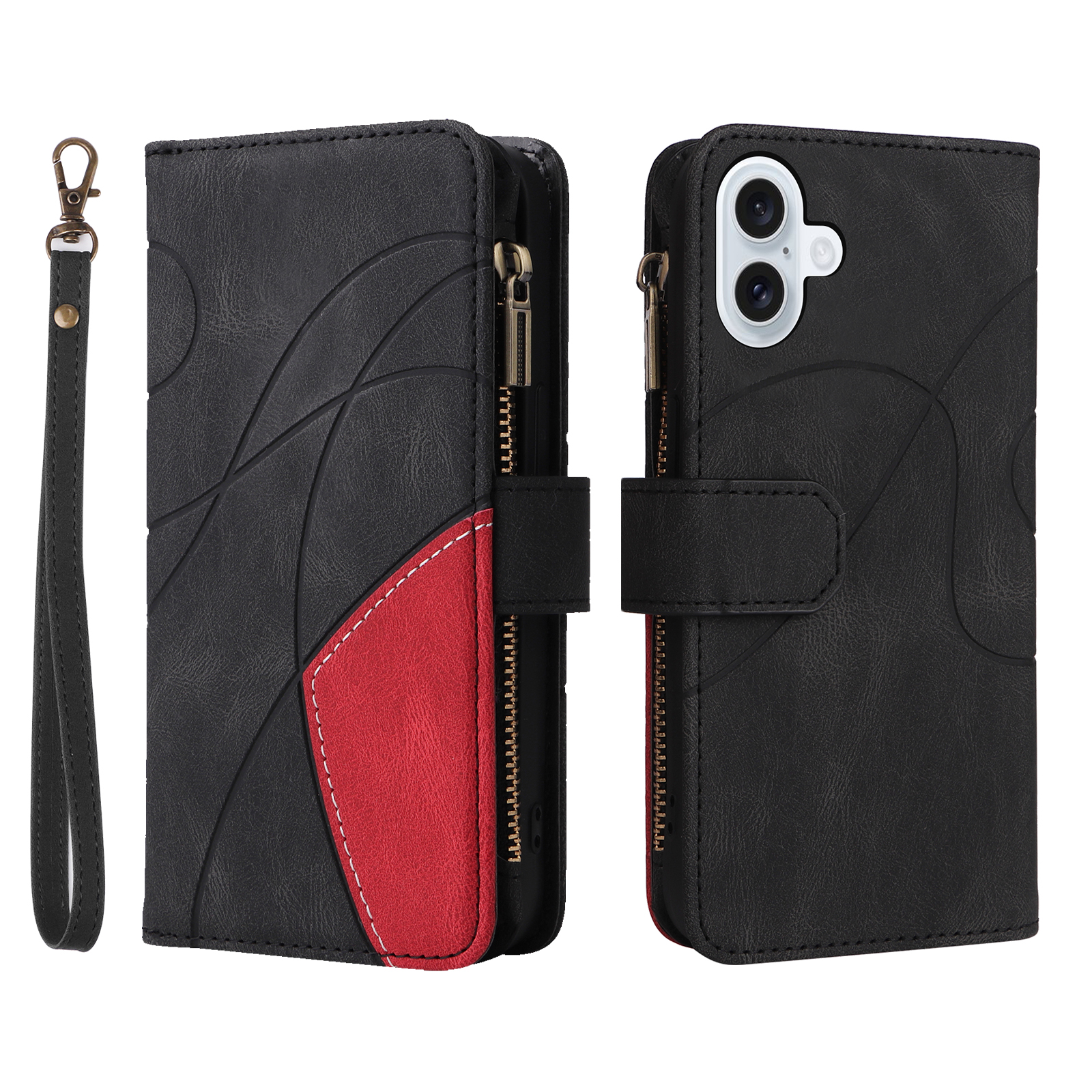 For iPhone 17 Leather Case with Strap Zipper 9 Card Slot Phone Cover Stand - Black