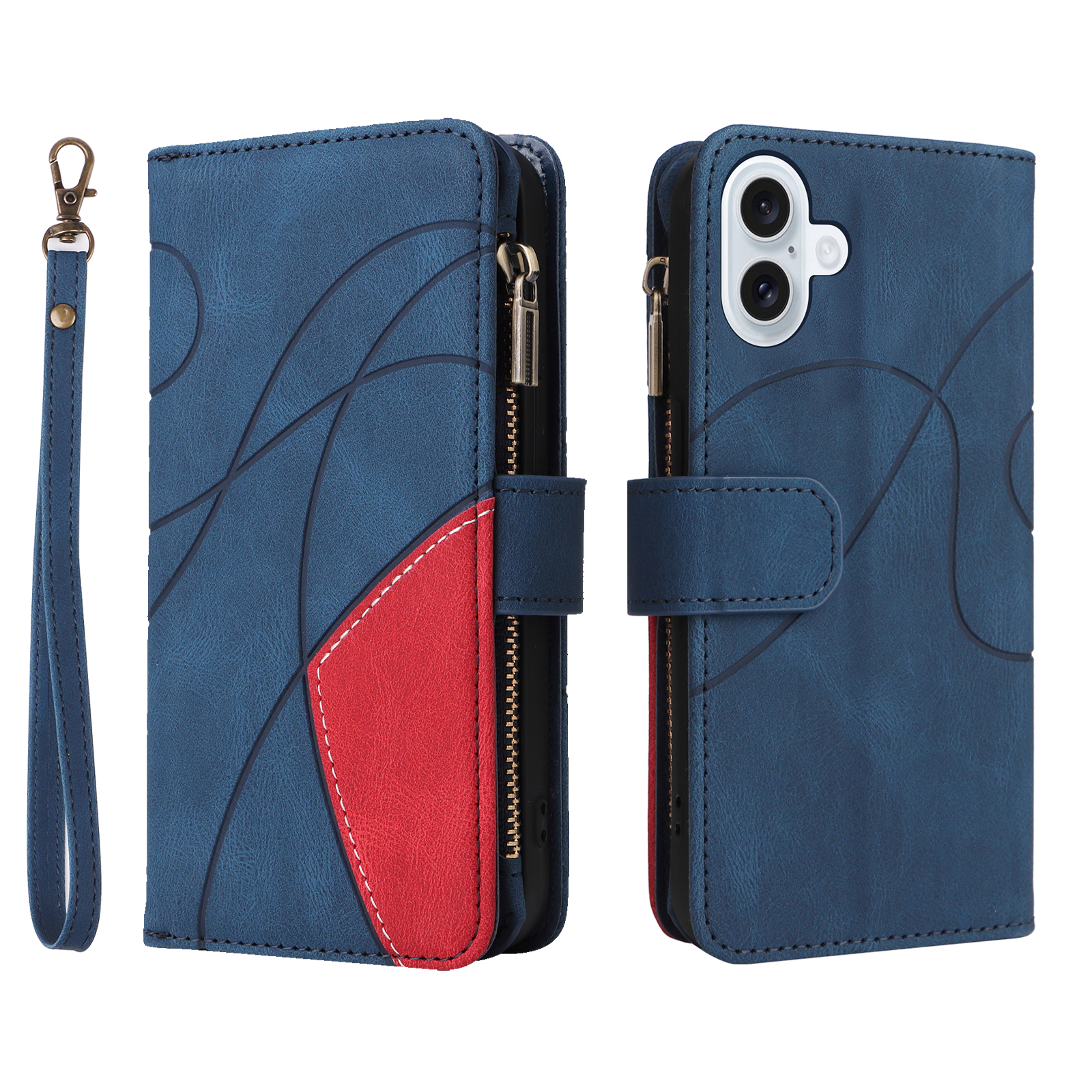 For iPhone 17 Leather Case with Strap Zipper 9 Card Slot Phone Cover Stand - Blue