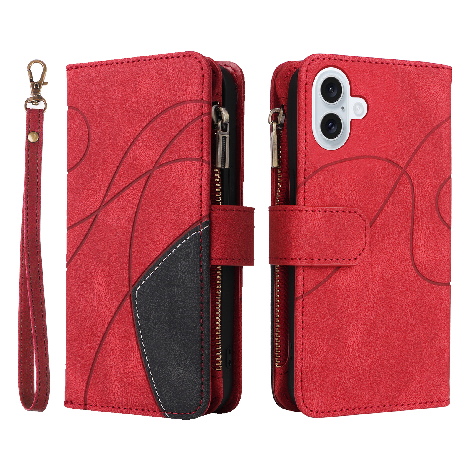 For iPhone 17 Leather Case with Strap Zipper 9 Card Slot Phone Cover Stand - Red