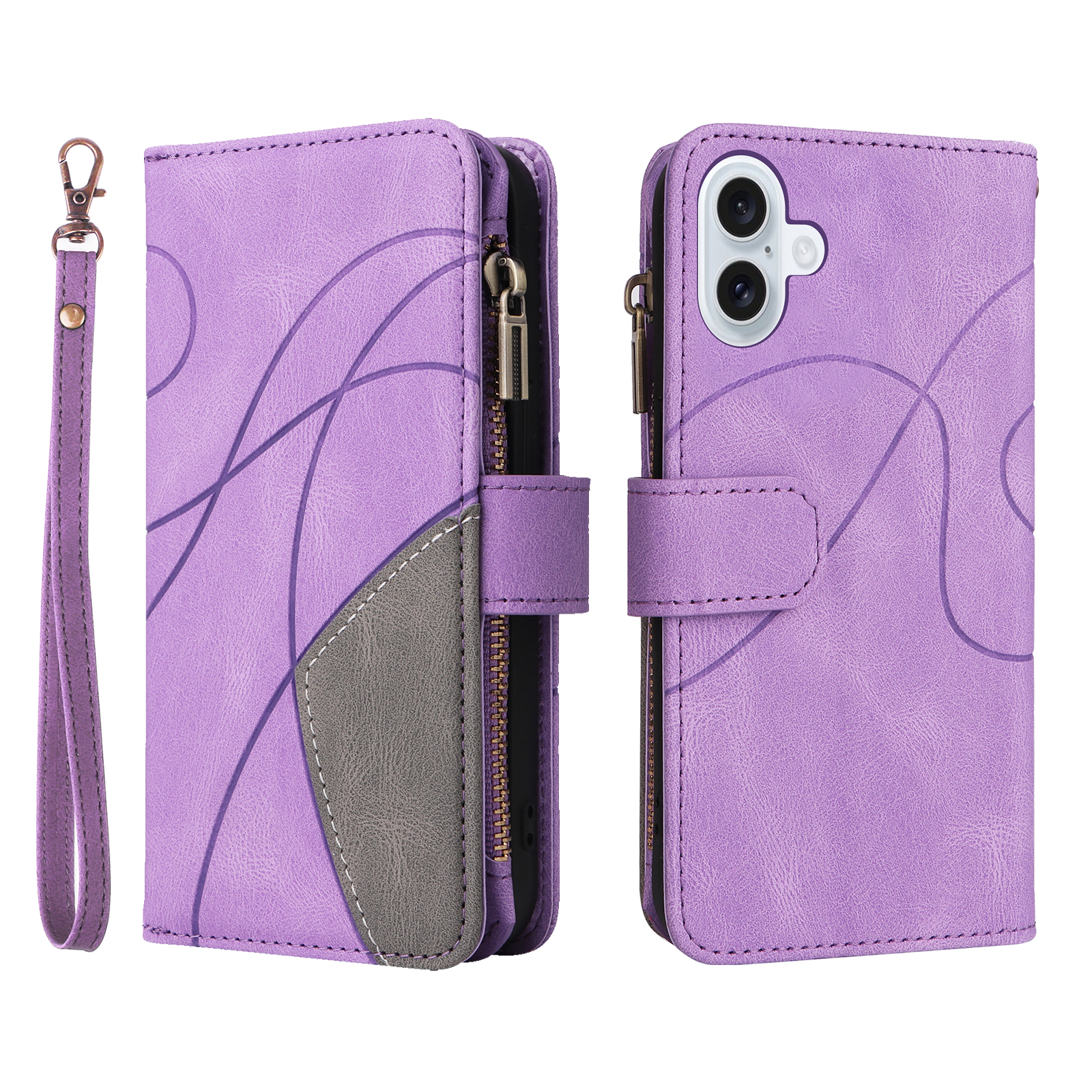 For iPhone 17 Leather Case with Strap Zipper 9 Card Slot Phone Cover Stand - Purple