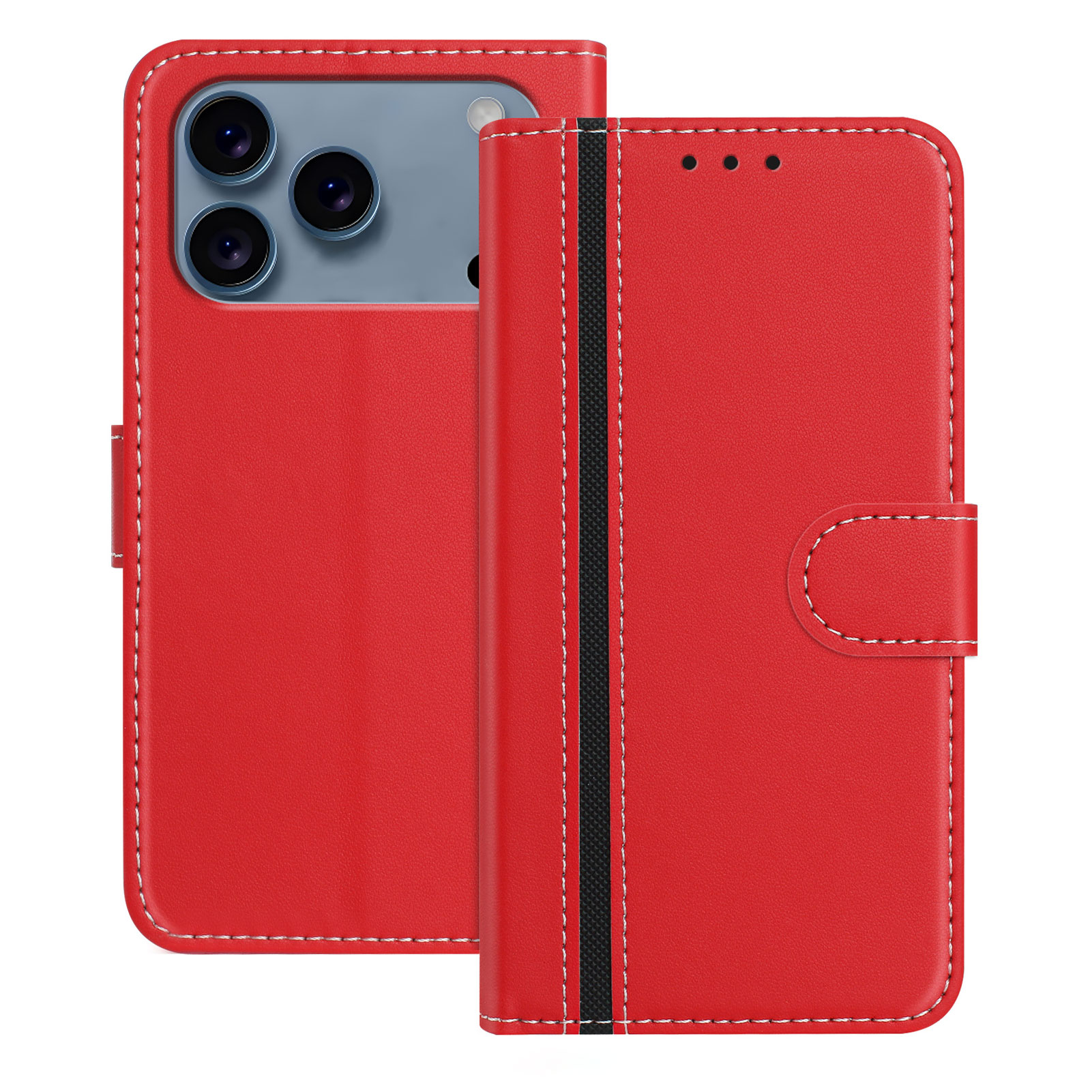 For iPhone 17 Pro Phone Cases Wallet Stand Color Splicing Leather Cover with Magnetic Clasp - Red