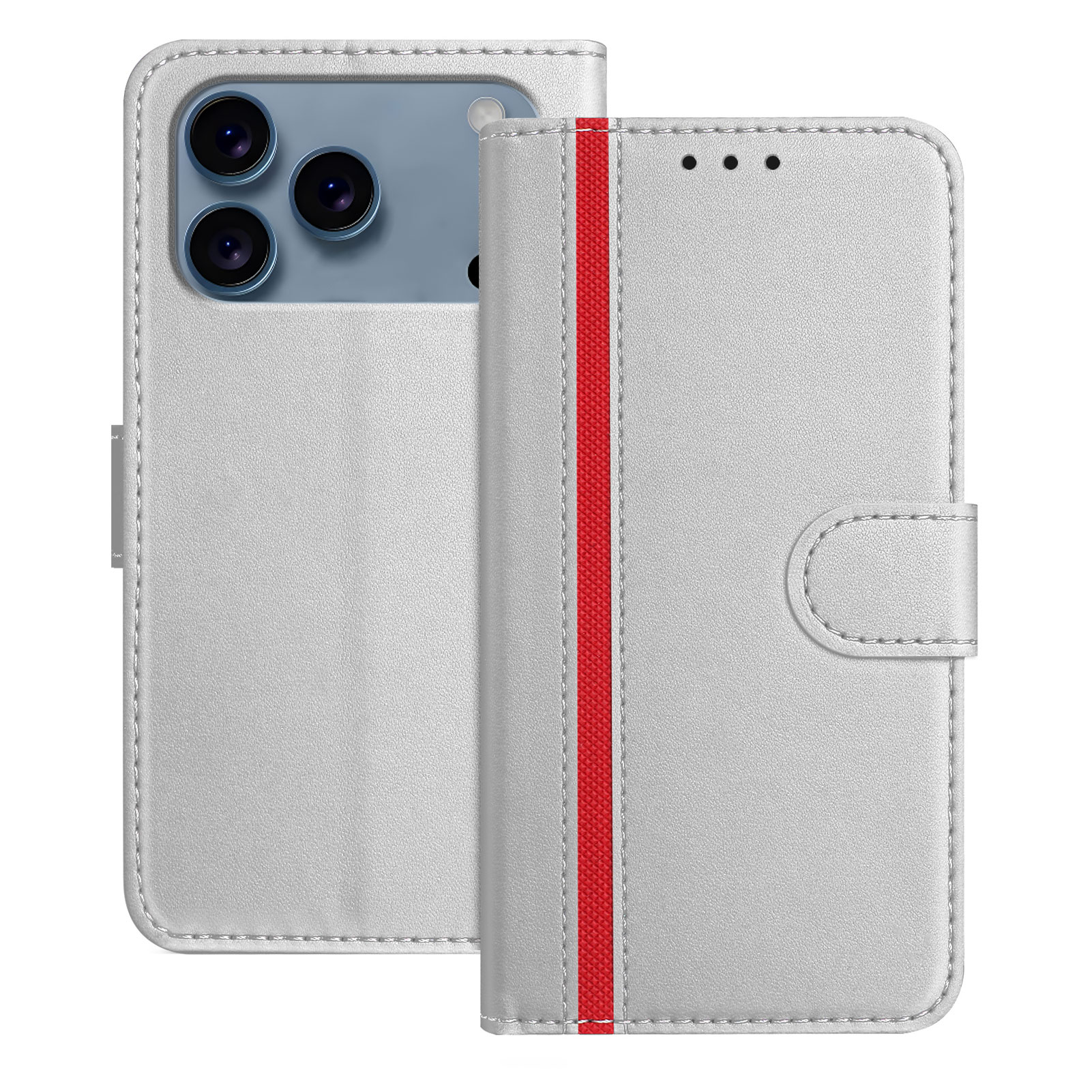 For iPhone 17 Pro Phone Cases Wallet Stand Color Splicing Leather Cover with Magnetic Clasp - Silver